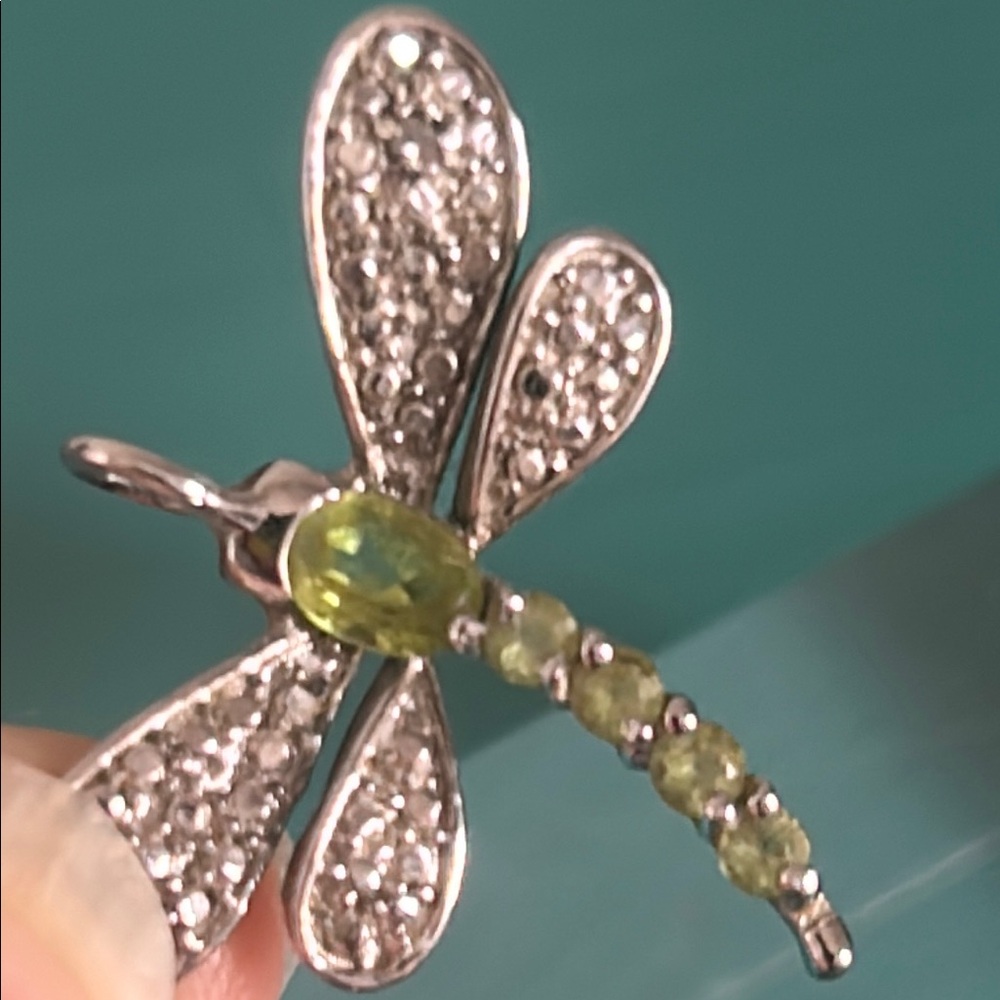 Sterling Silver Peridot and Diamond Accent Dragonfly Pendant - Picture 2 of 5